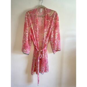 Kulani Kinis Pink Floral Tropical Print Robe/Cover-up/Kimono Size S/M